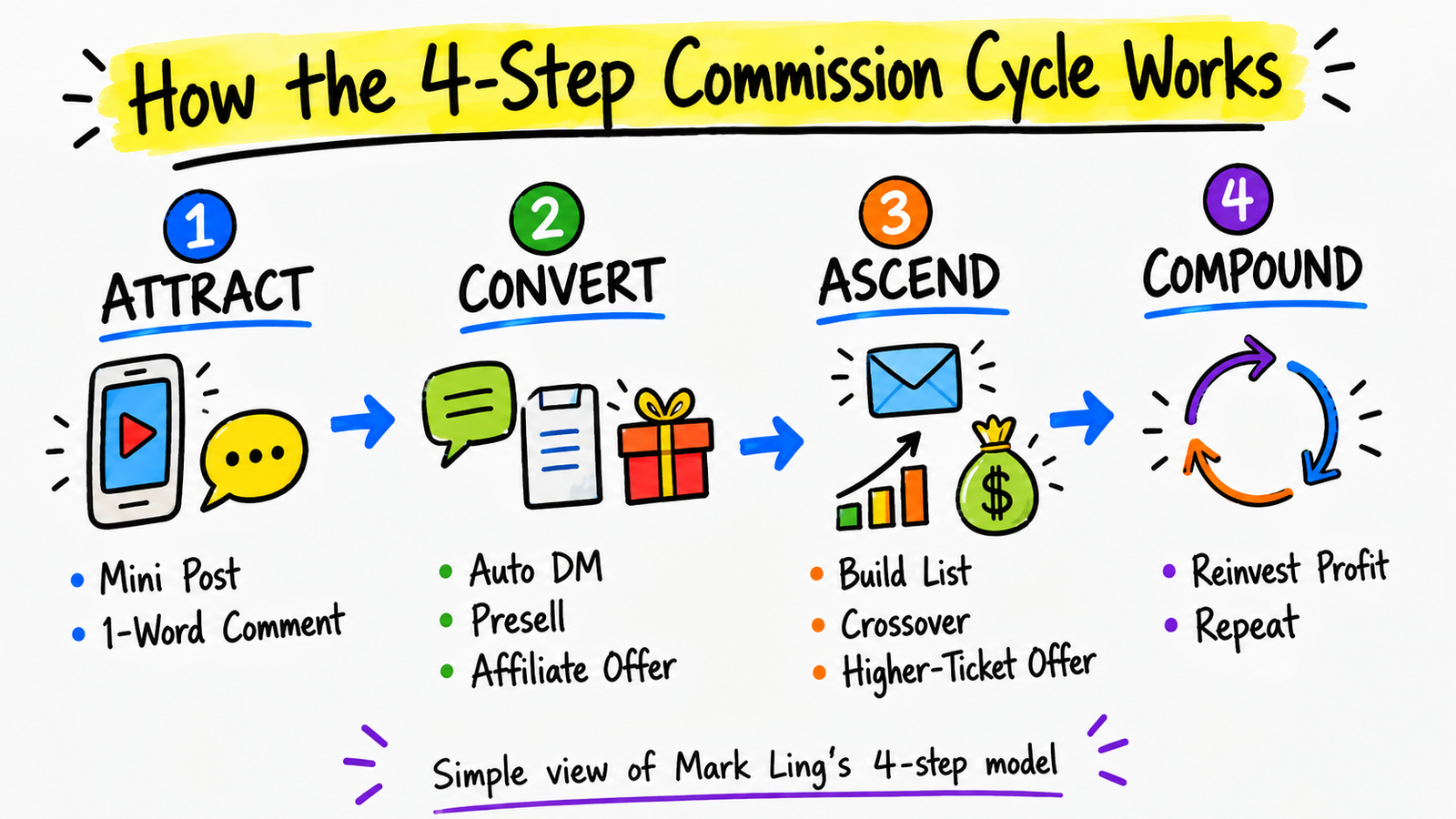 Infographic showing the four Commission Cycle stages: Attract, Convert, Ascend, and Compound